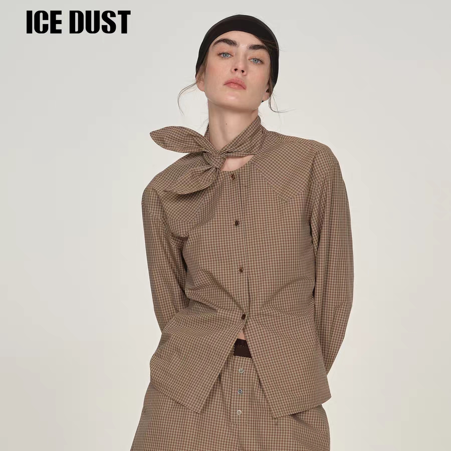 ICE DUST系带格纹收腰长袖衬衫女25PF秋季复古休闲短款衬衣小上衣