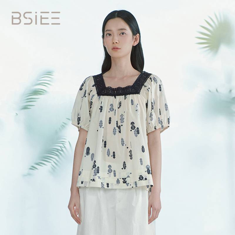 BSIEE/本涩碎花时尚印花方领泡泡袖小衫