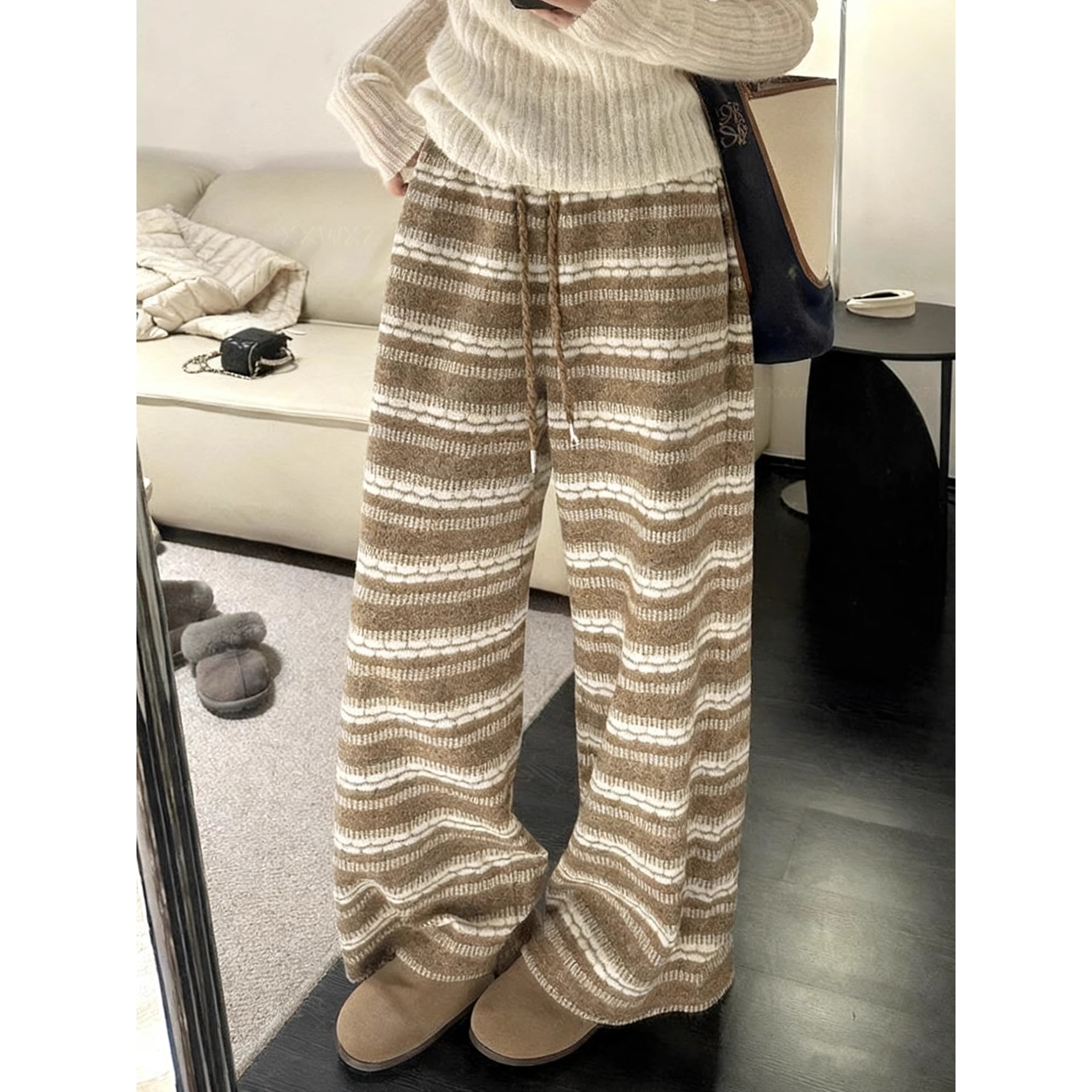 韩国东大门慵懒风复古条纹阔腿裤女2025秋冬新款小个子直筒休闲裤