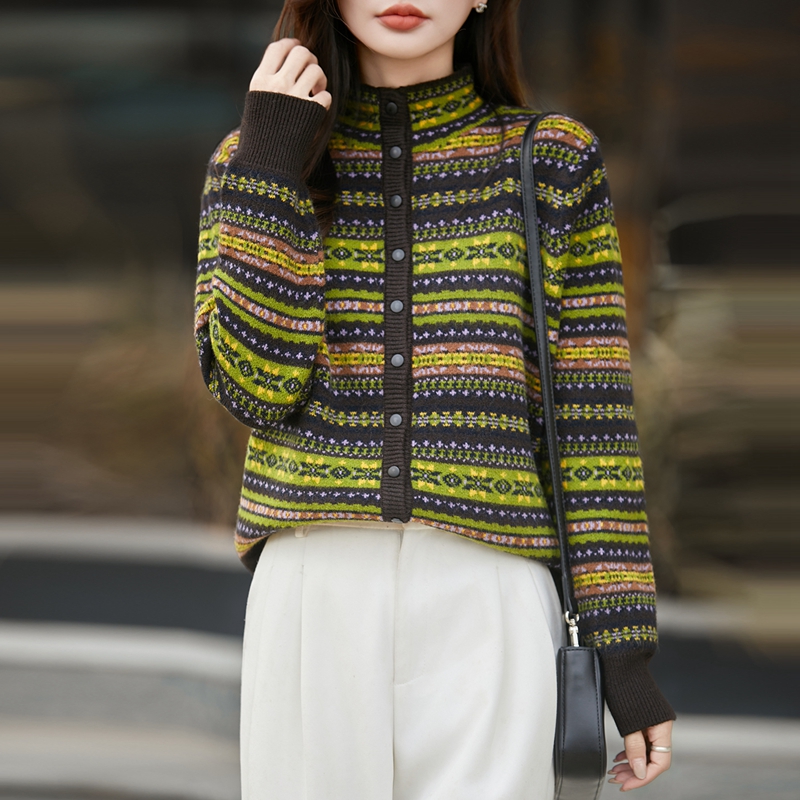 2025年秋季时尚百搭通勤简约休闲针织半高领撞色开衫