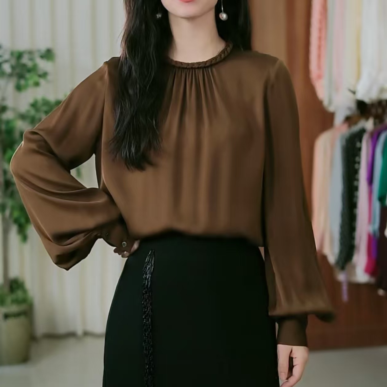 夏季桑蚕丝纯色长袖上衣真丝麻花领子衬衫时尚气质设计感7937