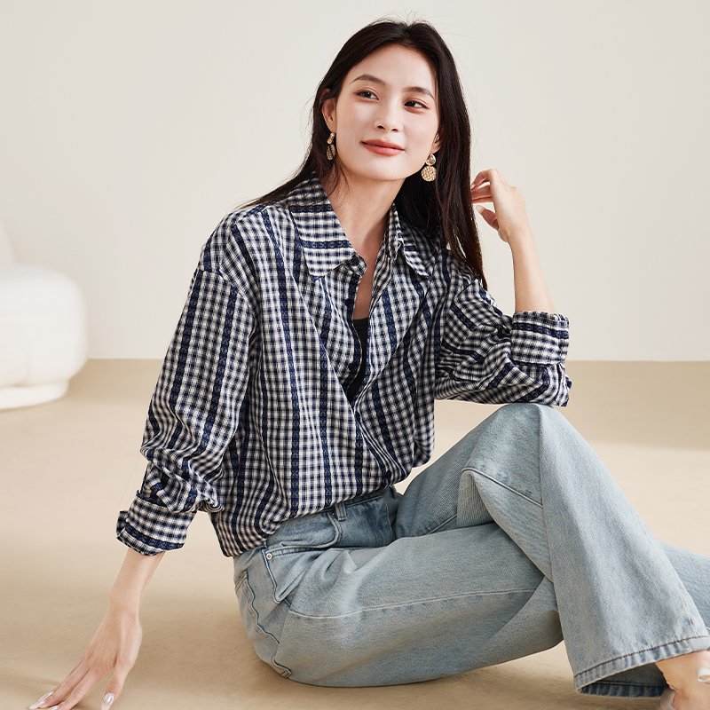 索菲丝尔棉质复古格子衬衫女2025秋季宽松休闲百搭衬衣上衣513019