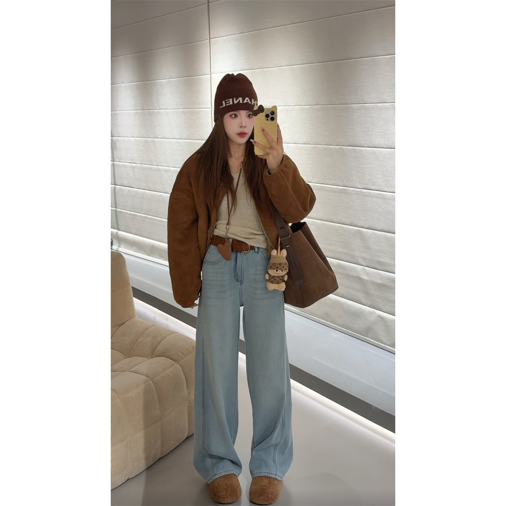 NN CHIC.6819 腰带系扣阔腿侧线加绒牛仔阔腿裤