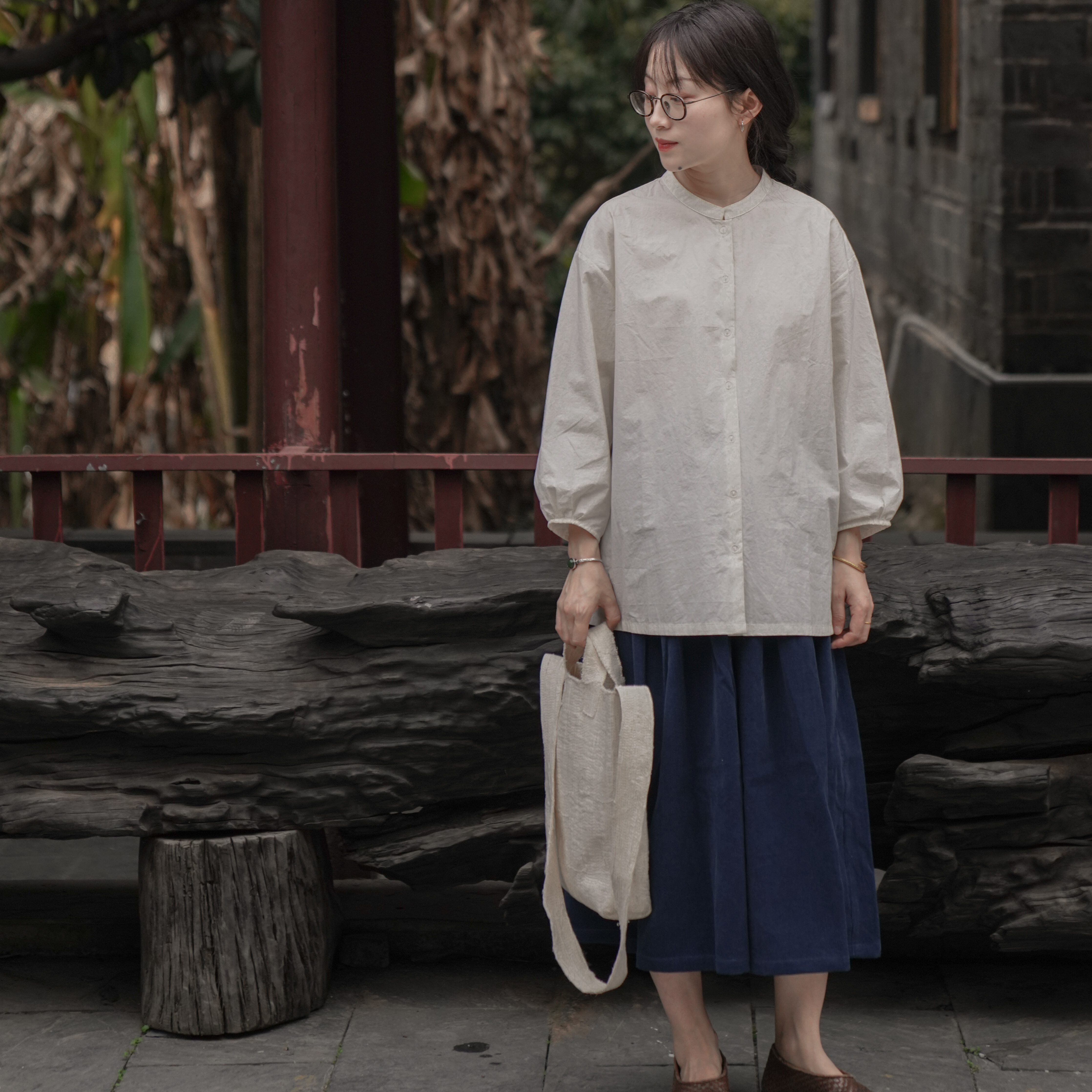 『靑一草木』植物染蓝染手工文艺宽松百搭纯棉灯芯绒裤裙