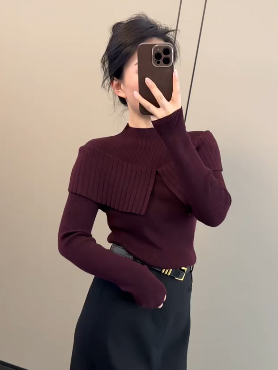 法式时尚立领红色针织衫女秋2025新款设计感荷叶边修身打底衫上衣