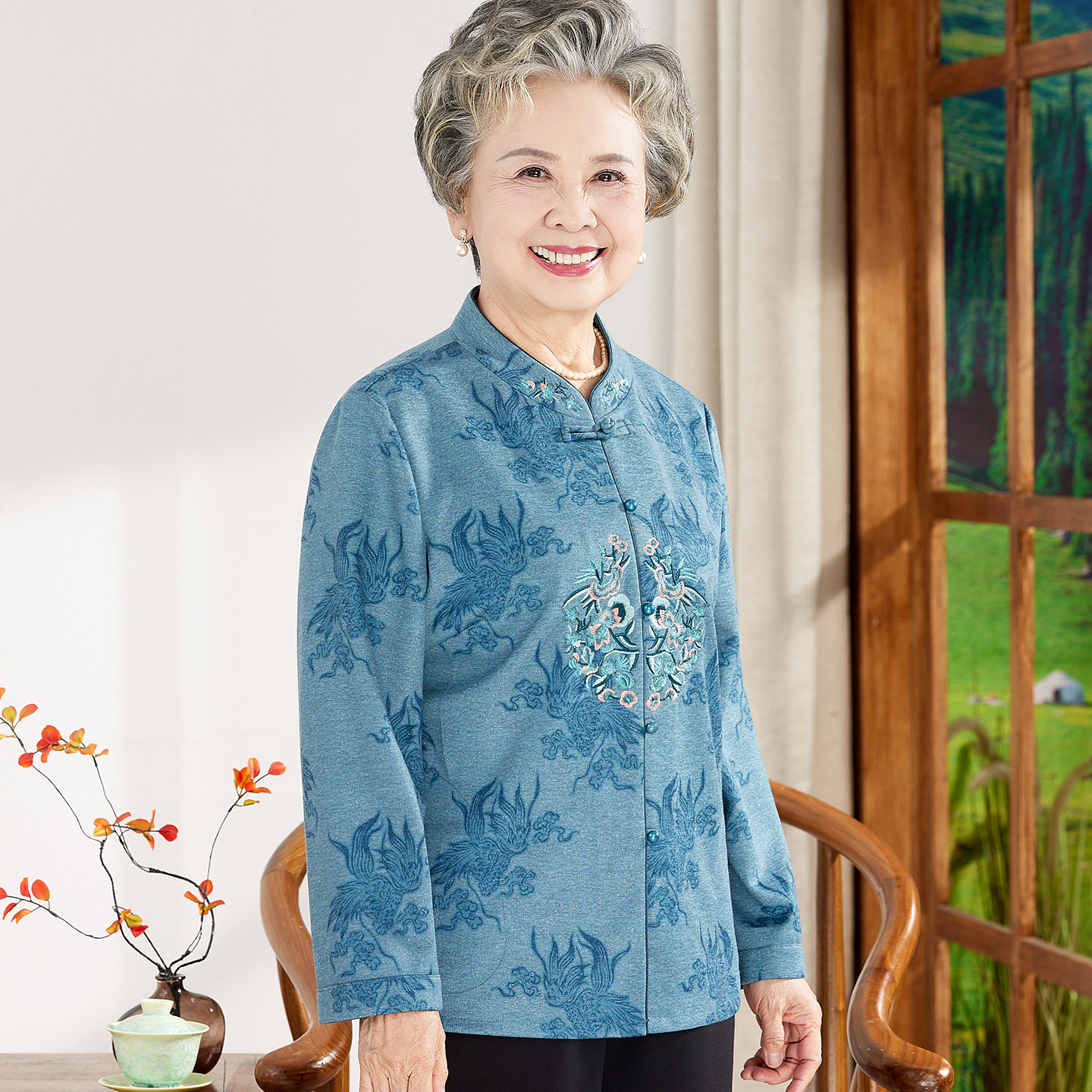 妈妈装春秋季长袖衬衫中老年人女士薄款国风外套70老奶奶翻领开衫
