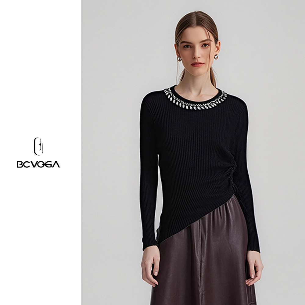 BCVOGA女秋季圆领毛针织衫套头针织t恤拼接圆领条纹衫重工烫钻领