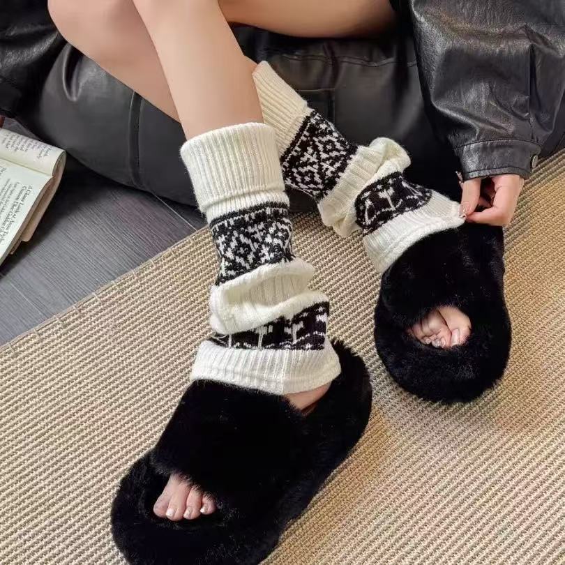 美式复古费尔岛袜套秋冬长筒女袜螺纹显瘦堆堆袜女