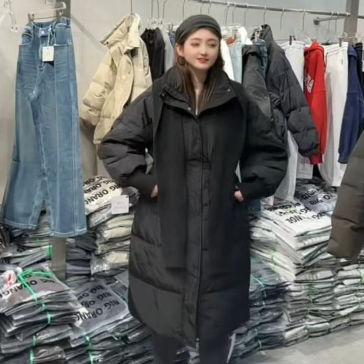 W阿薇-大橘子毛线领长款棉服 105