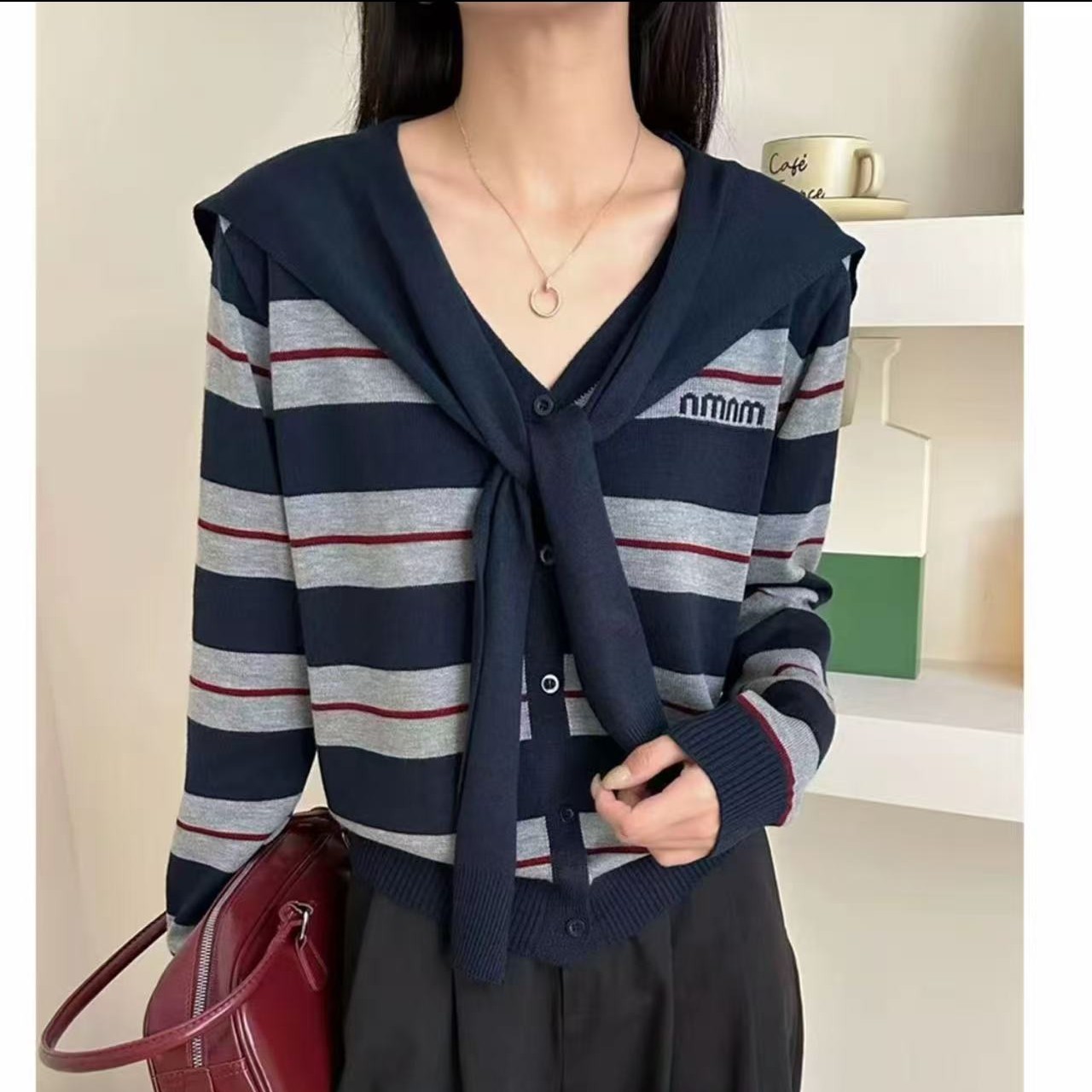 韩系带活披肩条纹V领针织开衫春秋冬针织衫百搭条纹