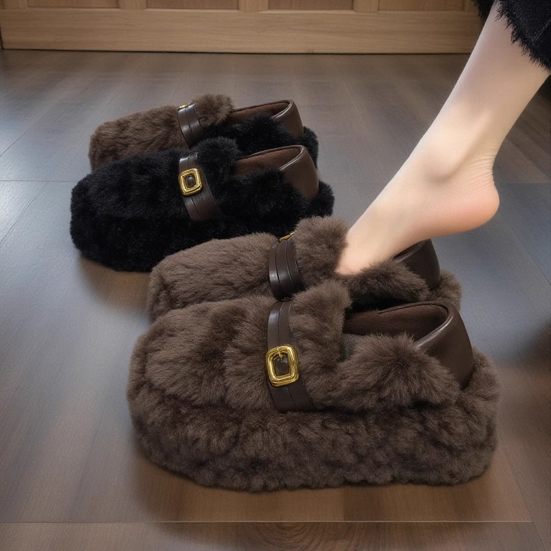 【羊羔绒】毛毛鞋女2025新款冬季皮带扣厚底加绒保暖孕妇豆豆棉鞋