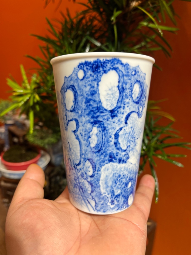 纯手工手绘釉下仿古泥青花竹石图可乐杯