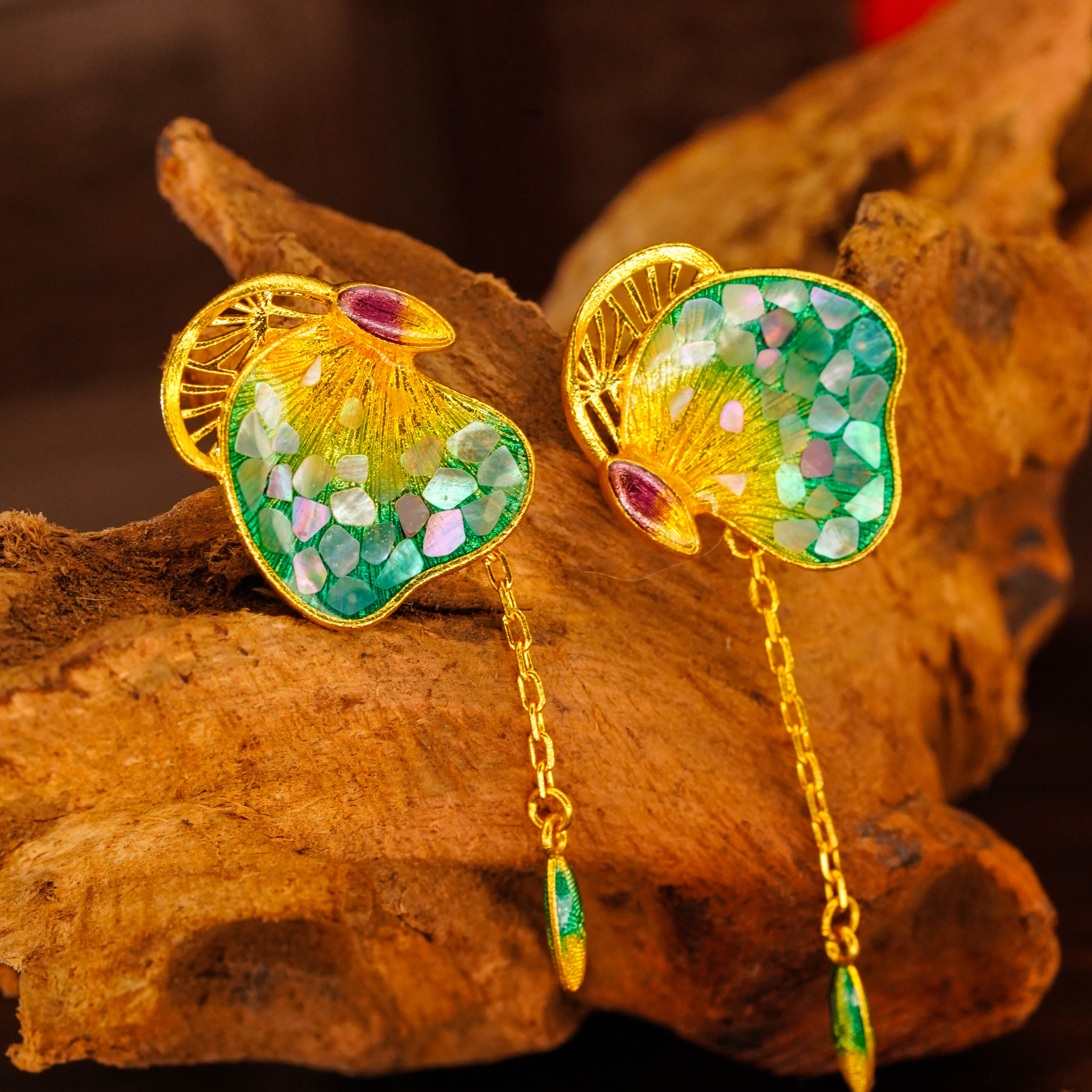 【晓韵专享】足金999投资金 古法点螺梦幻之蝶耳饰 HJE232