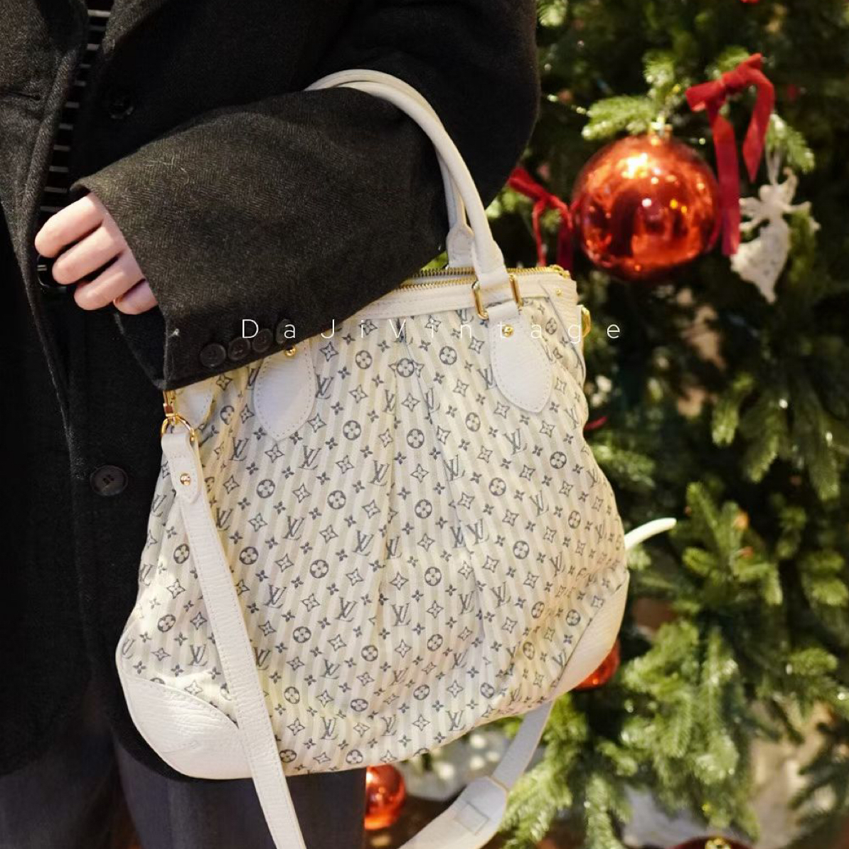 95新 LouisVuitton/路易威登 大吉中古/lv丹宁奶白老花手提斜挎包