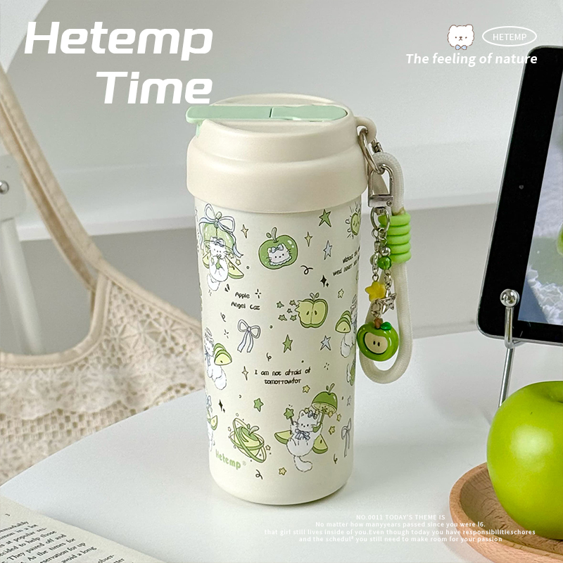 恒度苹果小猫咖啡杯陶瓷保温杯女生高颜值2025新款学生吸管水杯子