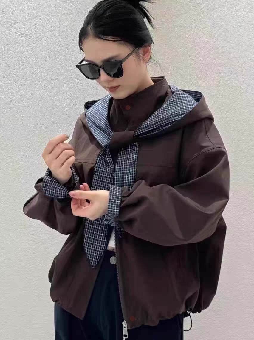 宽松休闲可拆卸拼接格子帽子外套女25年秋季新款百搭外套时尚上衣