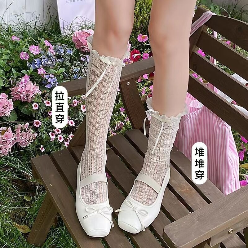 夏季芭蕾风lolita袜蝴蝶结蕾丝花边袜镂空中筒堆堆袜子女小腿袜