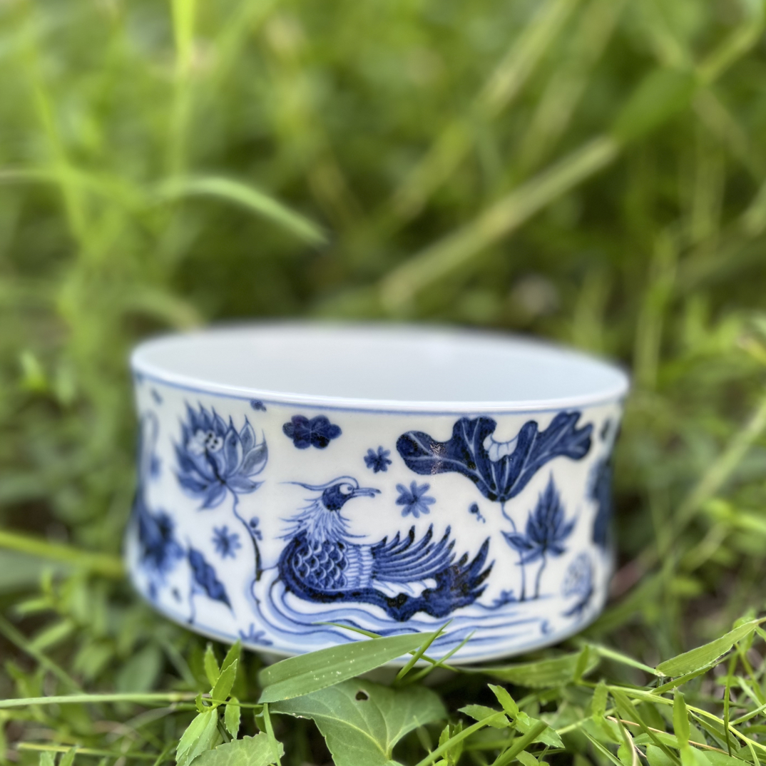 景德镇幽蓝溪堂全手工手绘仿元青花鸳鸯戏莲纹水洗家用