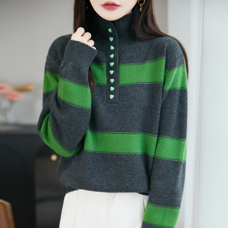 品牌撤柜正品秋冬爱心扣高领打底衫毛衣女冬款加厚条纹针织衫撞色