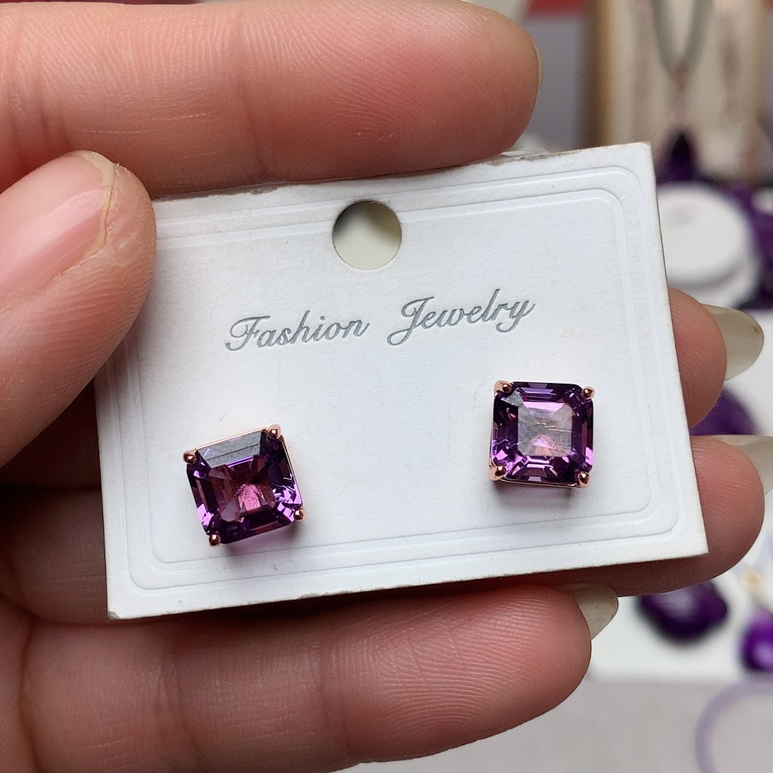 紫晶耳饰银S925镶嵌方糖