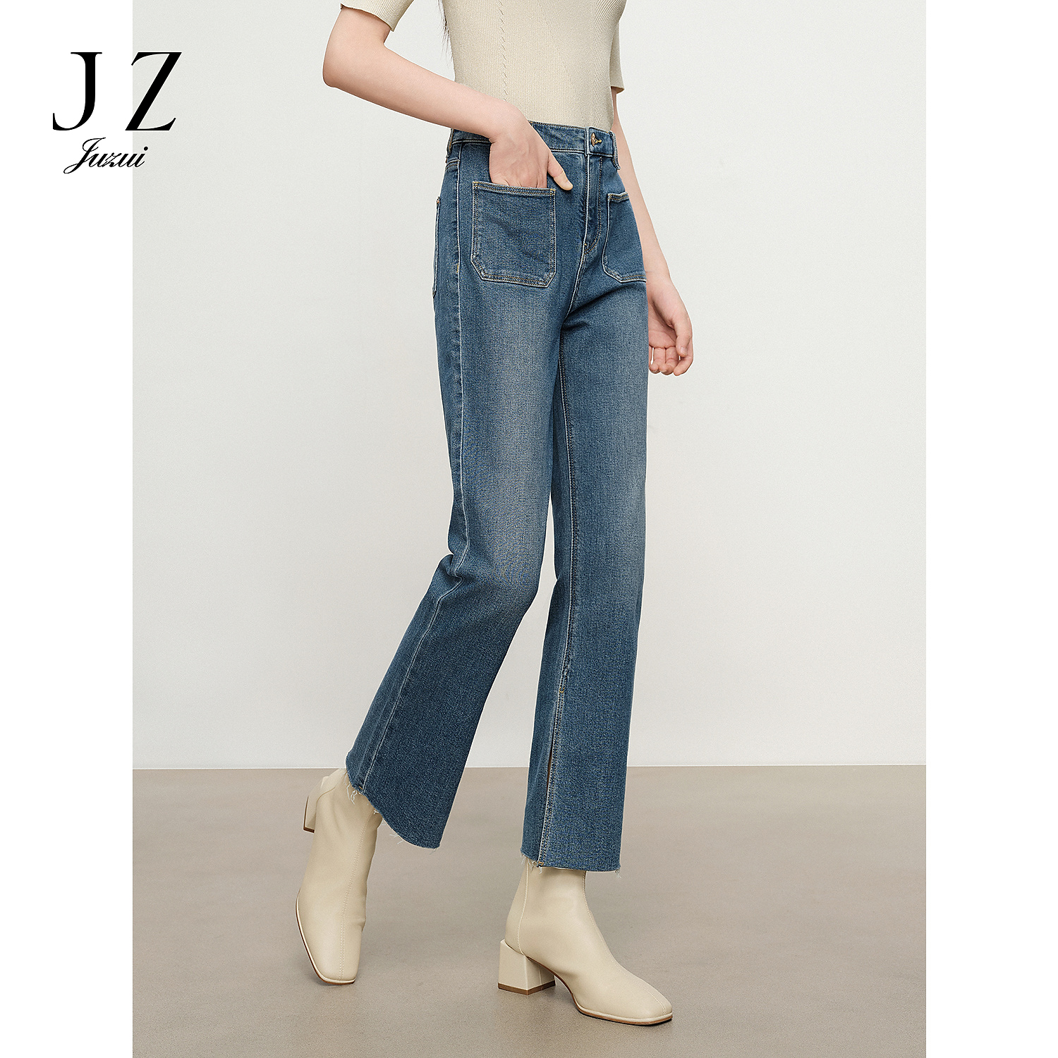 【尚雅专属】JUZUI玖姿JWDQ12118直筒裤牛仔裤个性设计感口袋女秋款