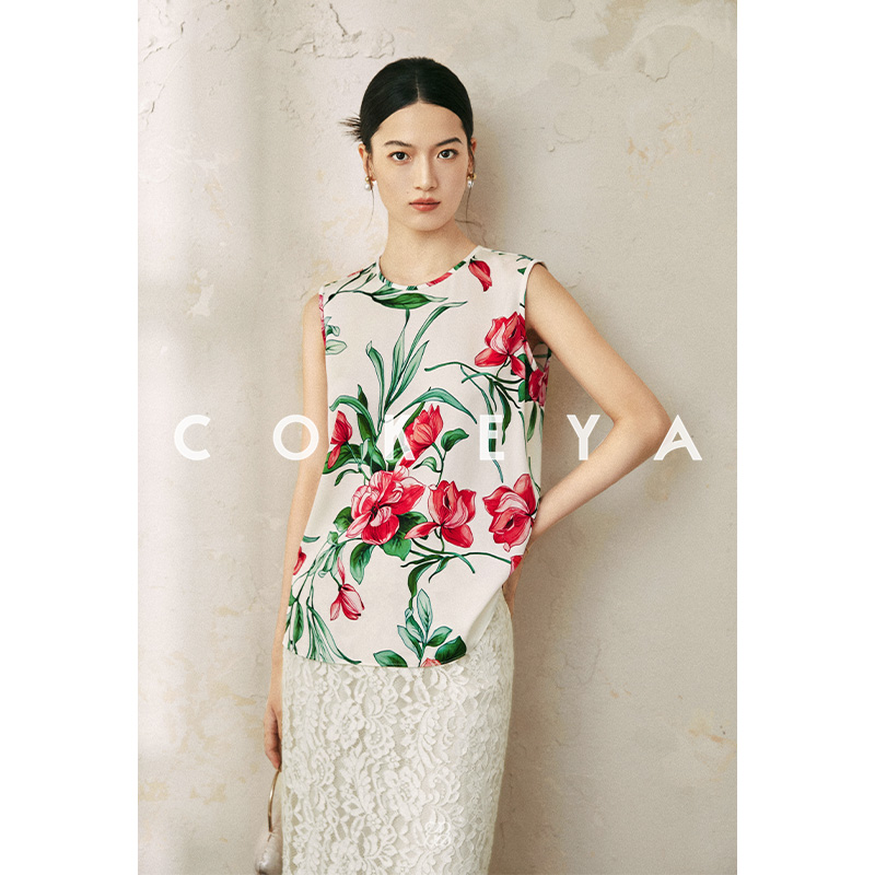 COKEYA/意式风情~重磅6A级26姆米弹力重乔印花无袖背心上衣女