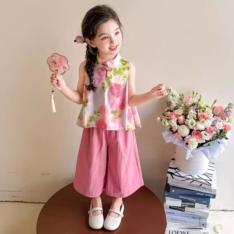 A-Y626女小童夏季繁花盘扣新中式汉服夏装时尚阔腿裤薄两件套