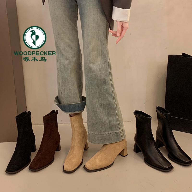 啄木鸟2025秋冬新款粗跟高跟鞋女短靴女方头瘦瘦靴短筒绒面裸靴女