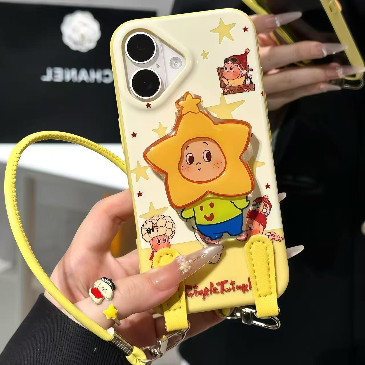 【洋葱专属】ins星星小人支架适用于苹果17手机壳新款皮纹挂绳小众