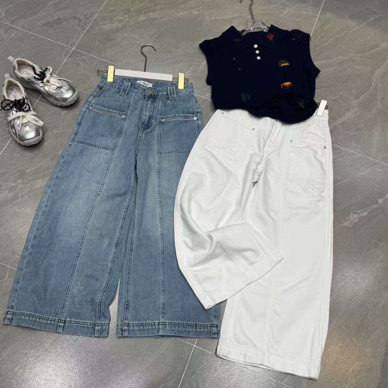 Z.X 复古水洗裁片拼接牛仔九分阔腿裤  1619（K2↑）