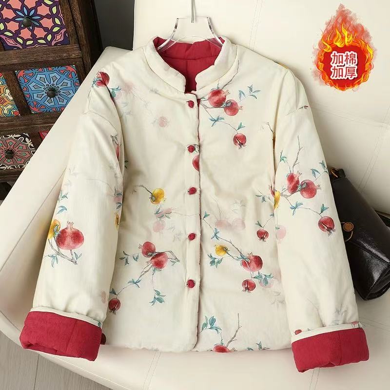 新中式复古国风立领盘扣印花棉服女加棉加厚保暖双面穿棉衣棉袄