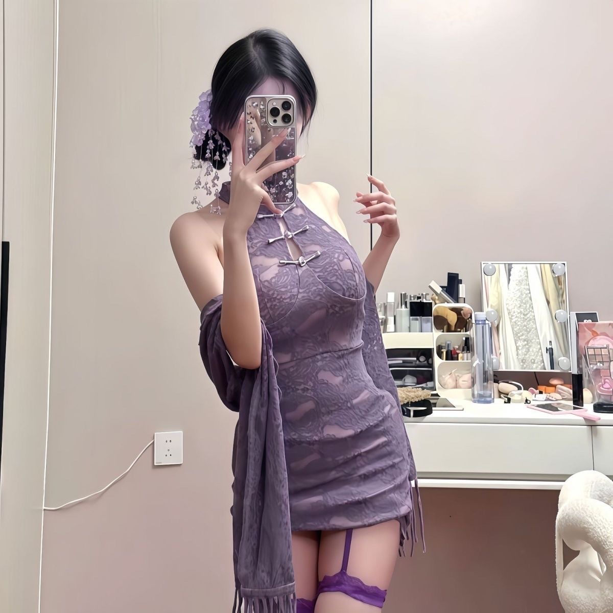 [80-140斤】显瘦新中式挂脖性感修身连衣裙气质蕾丝(M/L/XL)