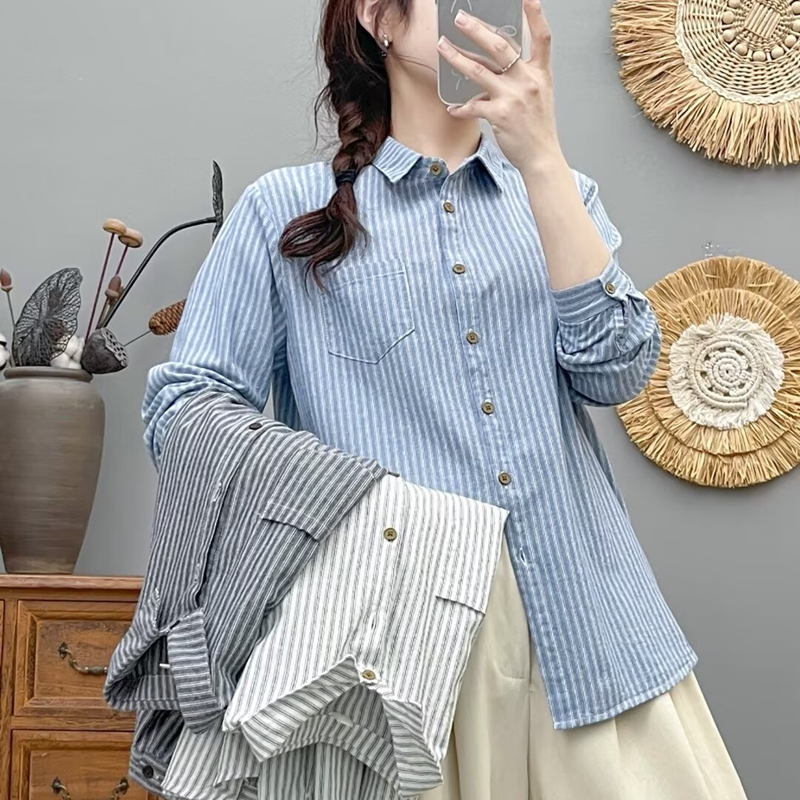 春秋韩版洋气蓝色纯棉条纹衬衫女宽松百搭休闲简约长袖叠穿衬衣
