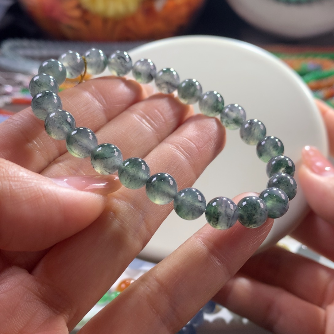 翡翠未镶嵌手链黑冰飘水墨花卡7.5