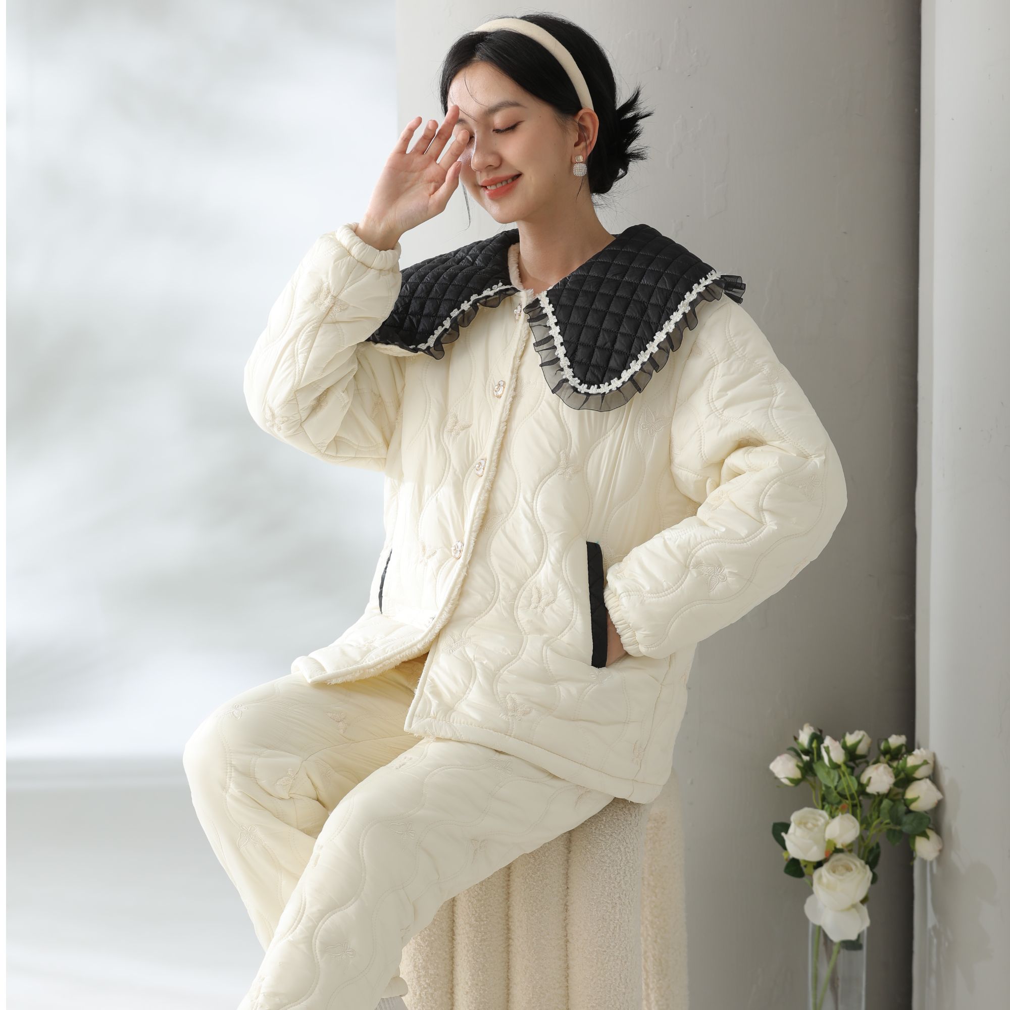 【0288思-黑领】女加厚睡衣冬三层夹棉格纹翻领保暖外出家居