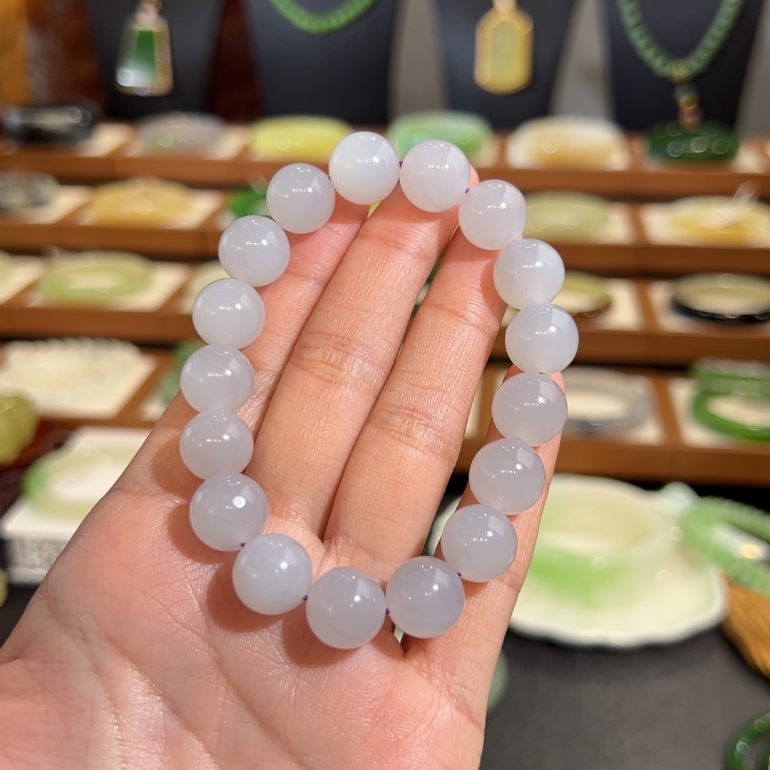 和田玉珠串未镶嵌冰底仙烟紫