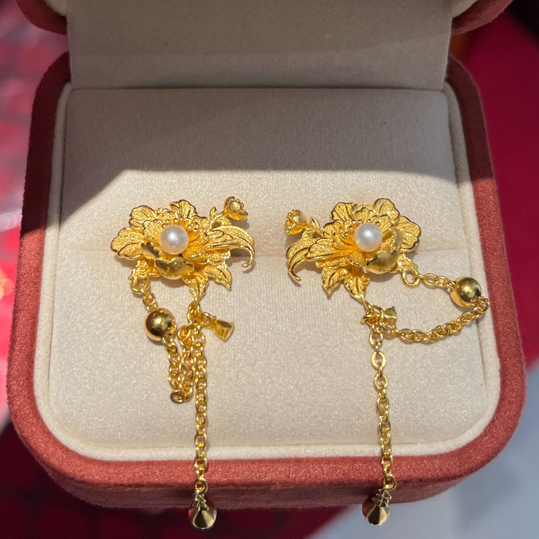 鳳喆古法錾刻工艺设计师款蝴蝶婚嫁五金国风耳钉足金（一对）999
