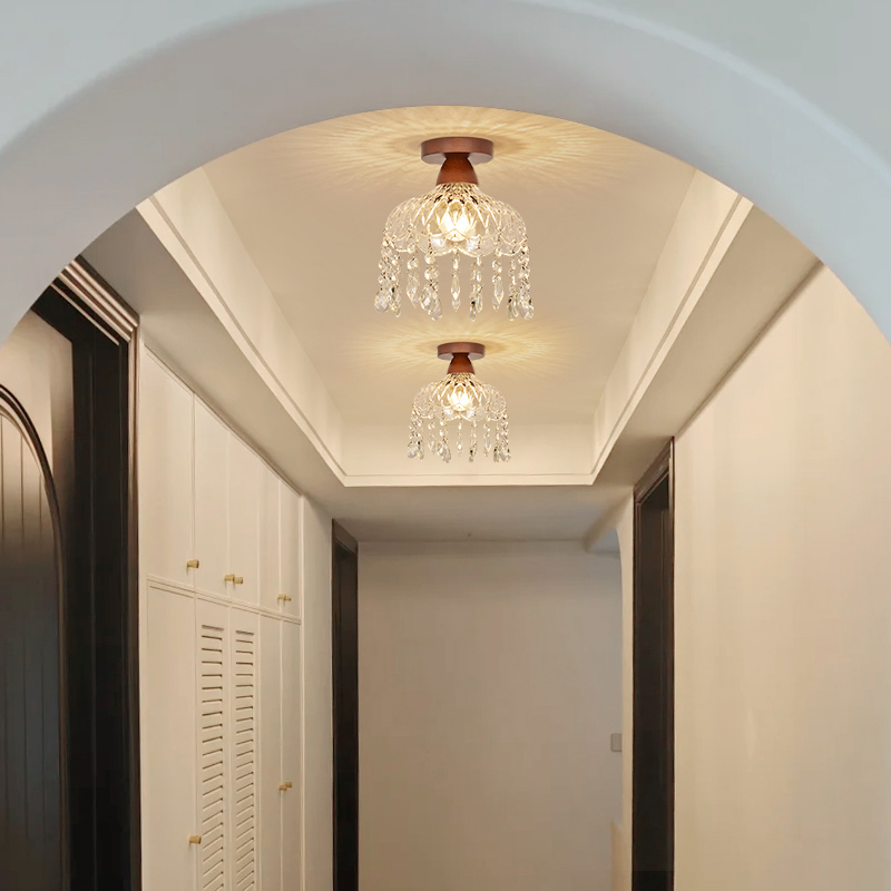 大观园过道吸顶灯中古风玻璃轻奢入户灯玄关灯实木灯具走廊灯I271