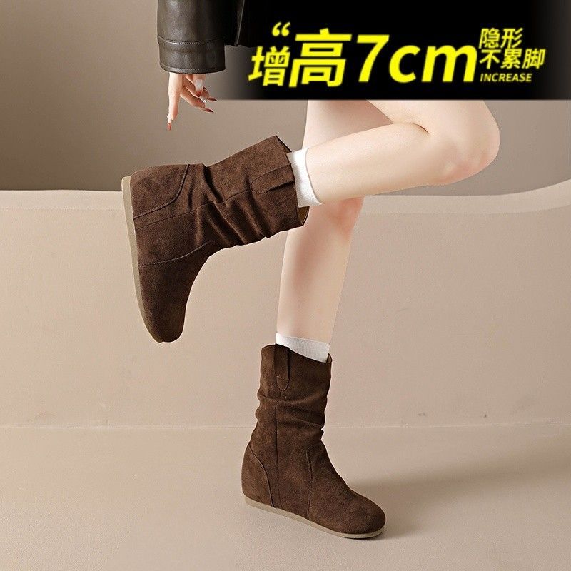 加绒小个子内增高7cm勃肯短靴女2025新款褶皱堆堆靴美拉德西部靴