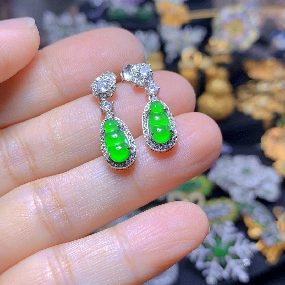 翡翠耳钉银S925镶嵌天然资源