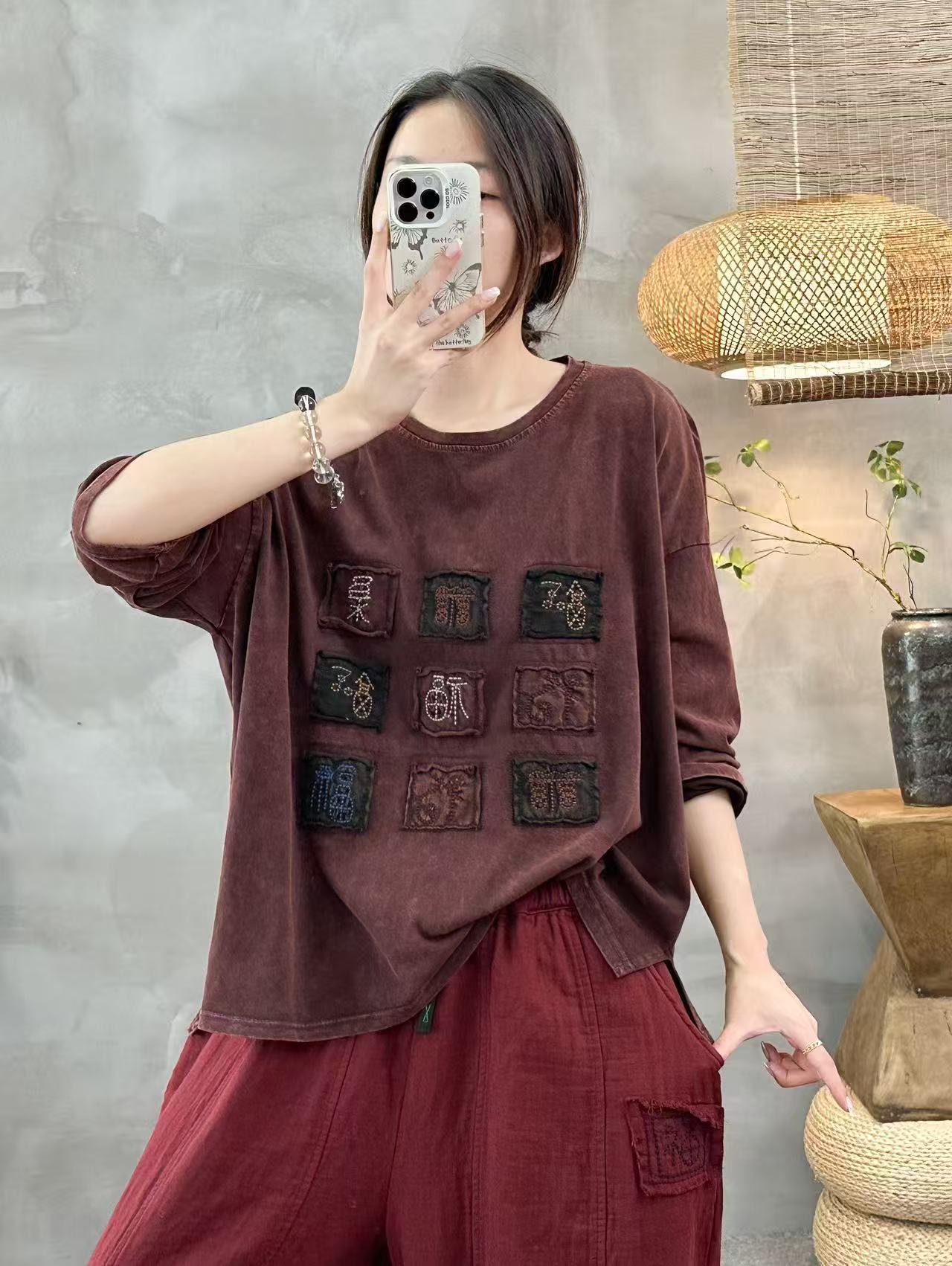新款女装棉体恤女2160福字刺绣时尚长袖宽松版百搭韩版夏装洋气款