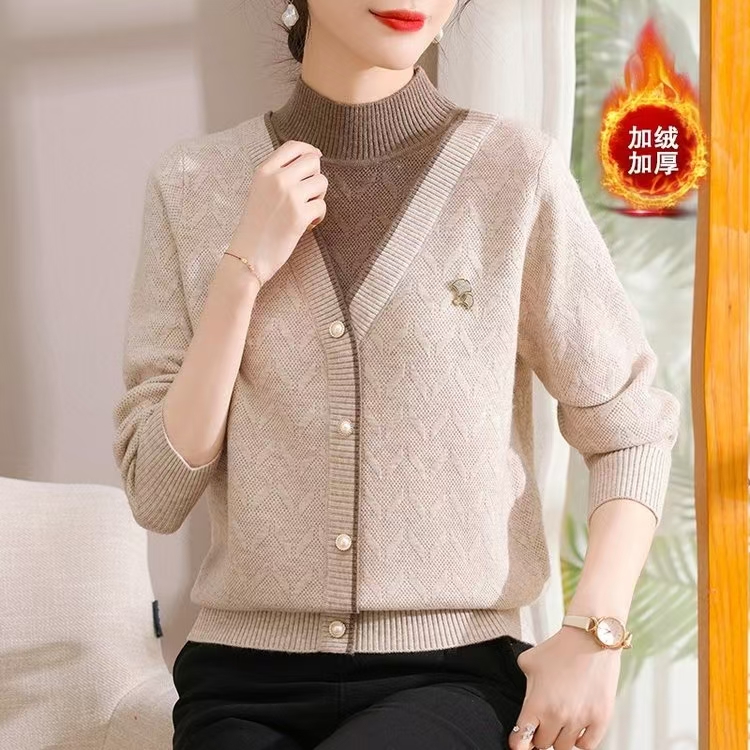 秋冬新中式妈妈毛衣宽松打底衫时尚洋气女针织衫加绒加厚上衣
