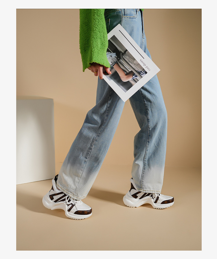 新款运动鞋V家弓形老爹鞋厚底增高真皮休闲鞋拼色透气女鞋