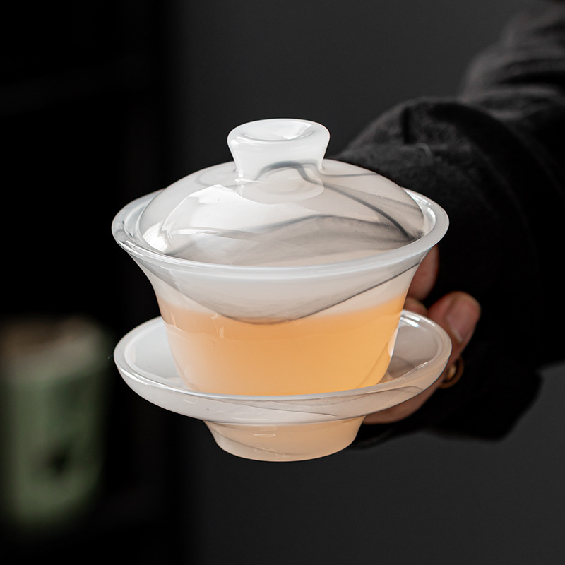 水墨琉璃盖碗茶具套装简约创意家用办公室送礼高端盖碗茶杯带过滤