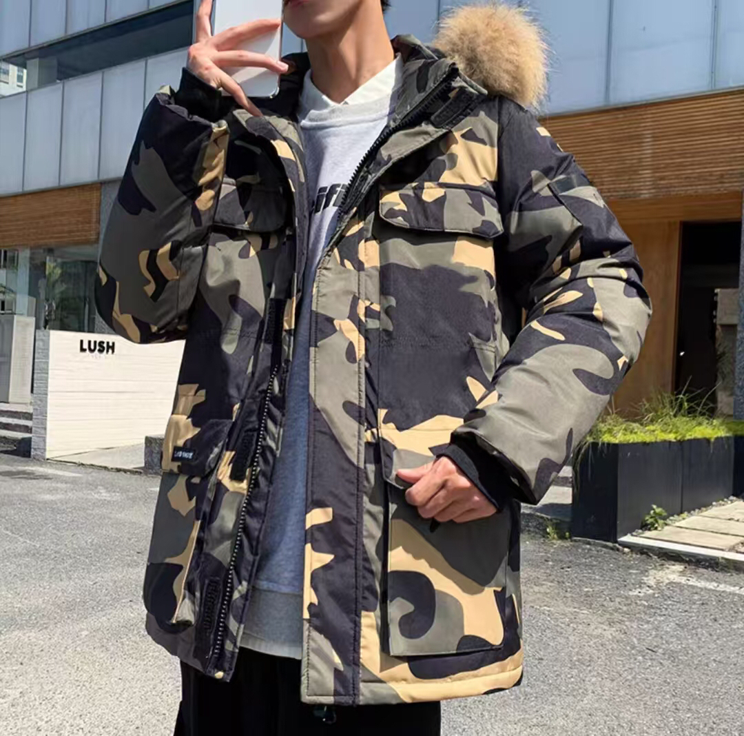 迷彩加厚毛领款～男女同款帽子可拆时尚短款潮流情侣防寒户外工地