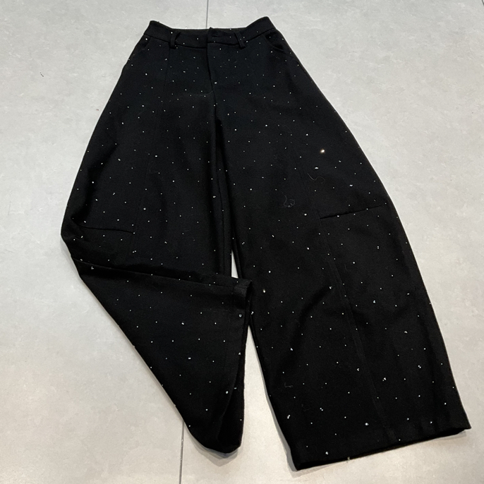 黑色烫钻设计感直筒阔腿休闲裤女新款高腰显瘦长裤