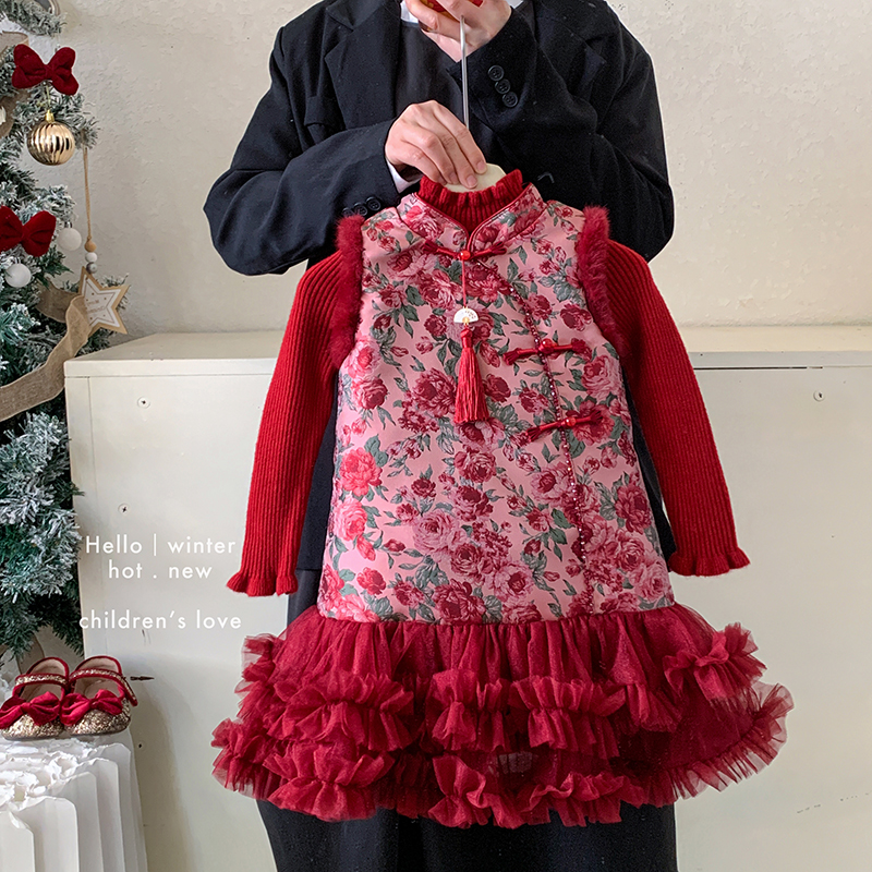 冬”蝶宿云熙”女童针织上衣+无袖夹棉中国风网纱连衣裙86338 86988