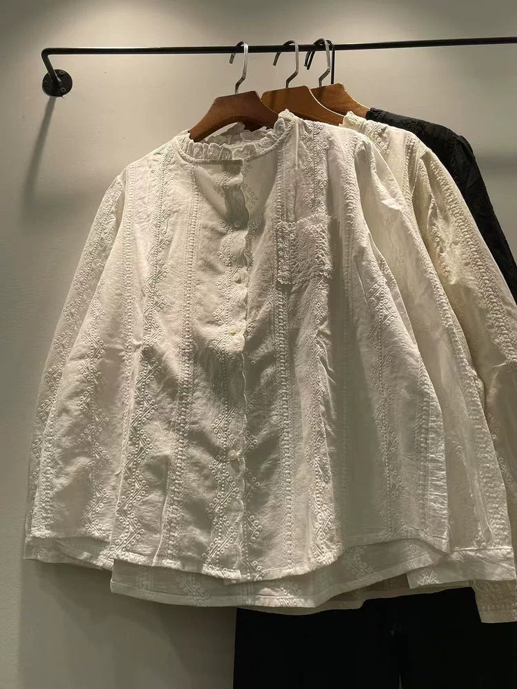 小清新纯棉刺绣衬衣女长袖2023秋季新款宽松时尚蕾丝立领衬衫上衣
