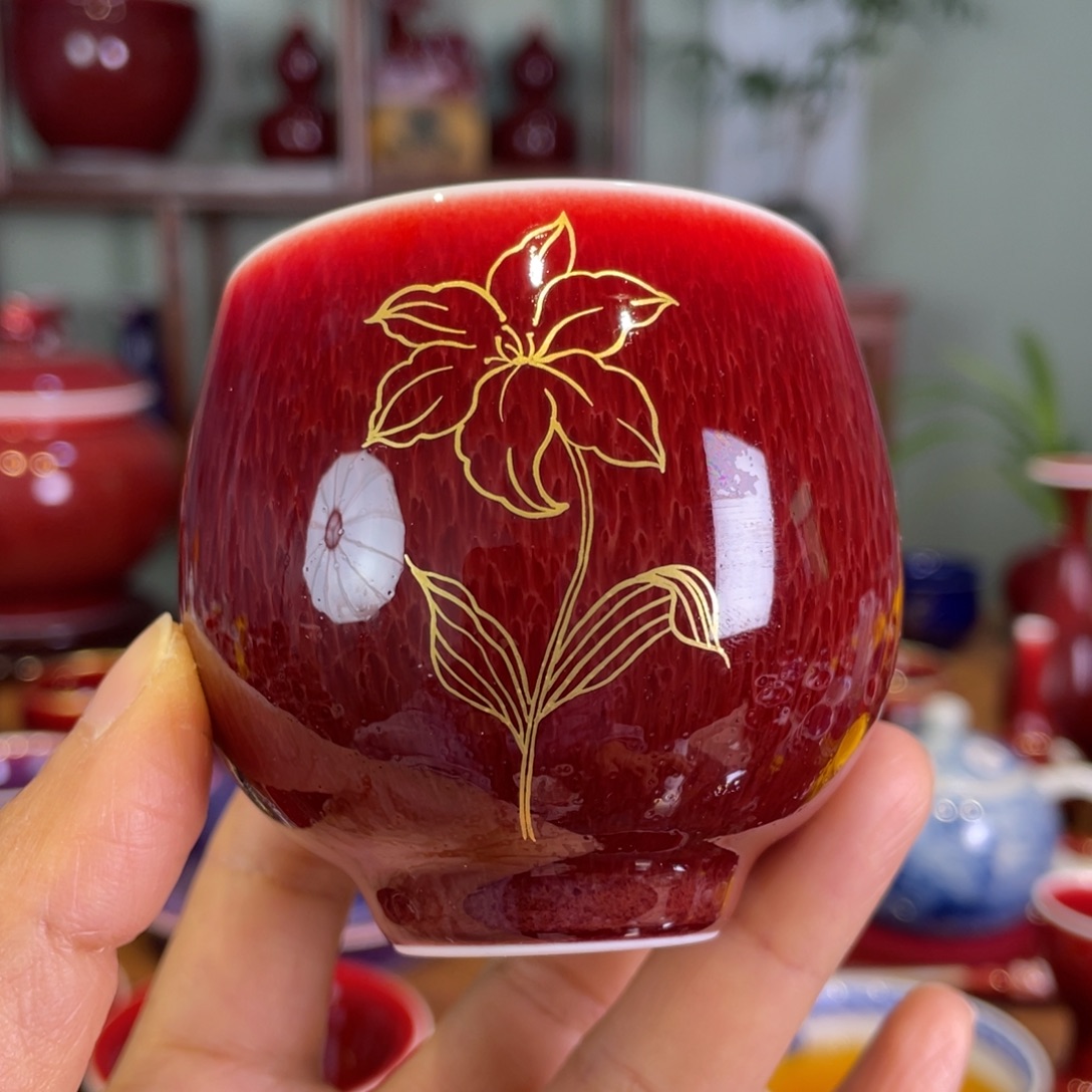 清欢雅玩原矿郎红描金龙蛋杯