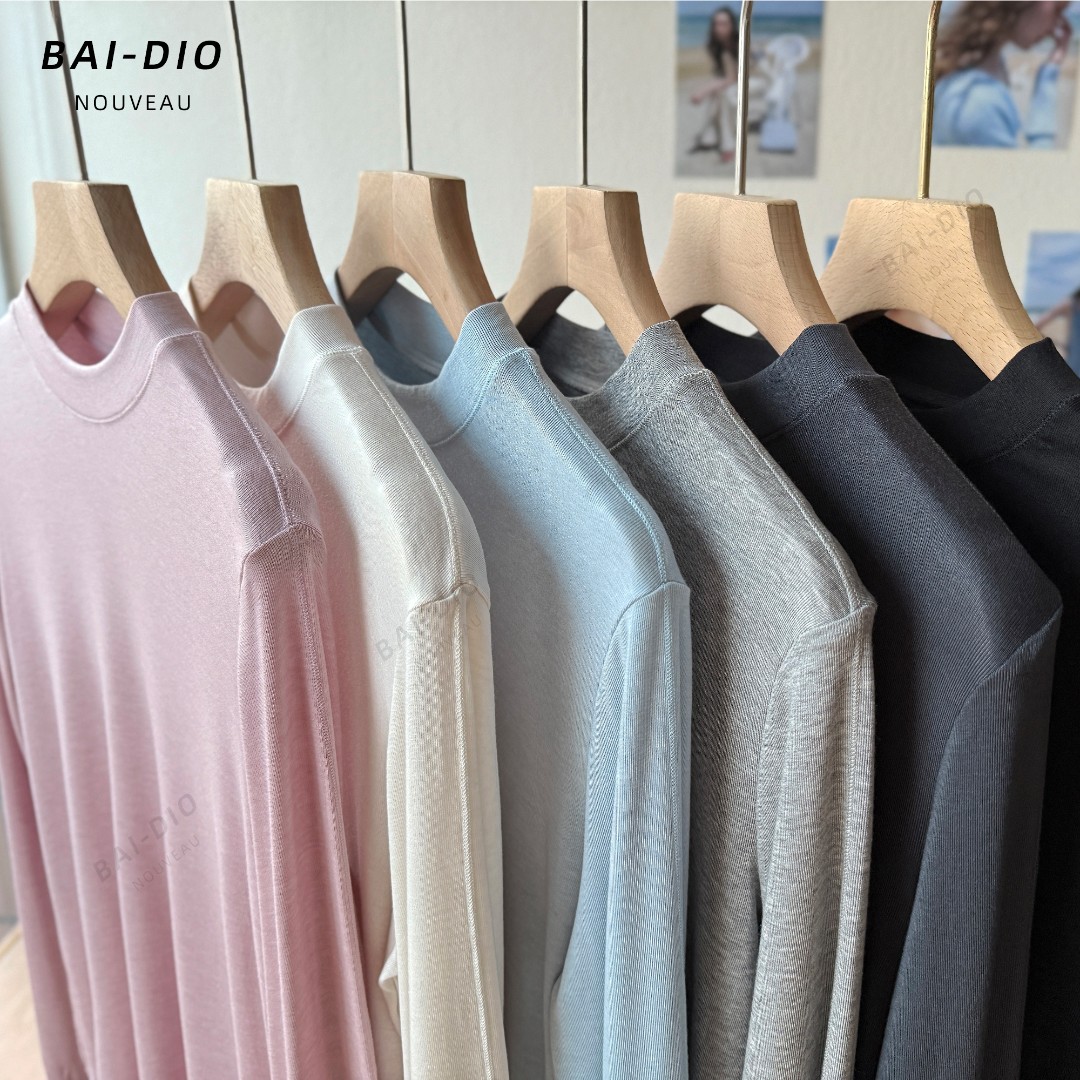 兰精天丝羊毛长袖打底衫春秋宽松内搭小立领面膜T恤纯色t